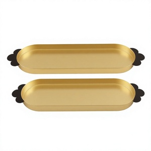 Modern Gold <b>Coffee</b> Tray Set <b>with</b> Black Handles <b>Oval</b> Metal Display Trays for Wedding <b>Table</b> Decor 2 Piece Candle Tray Platter - Product Image 2