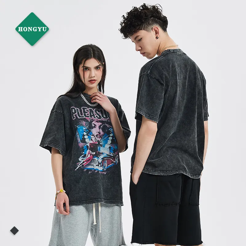 Camiseta masculina de manga curta vintage, roupas personalizadas de alta rua, 250g, lavagem, camisa estampada com desenho