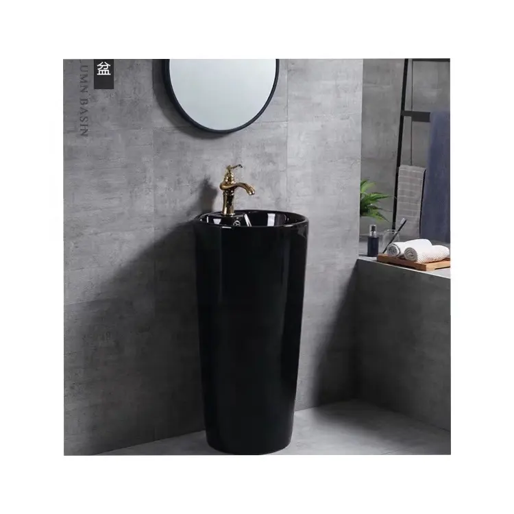 Luxury Design Cylindrical Pedestal Wash Basin/Black Ceramic Sink With Stand