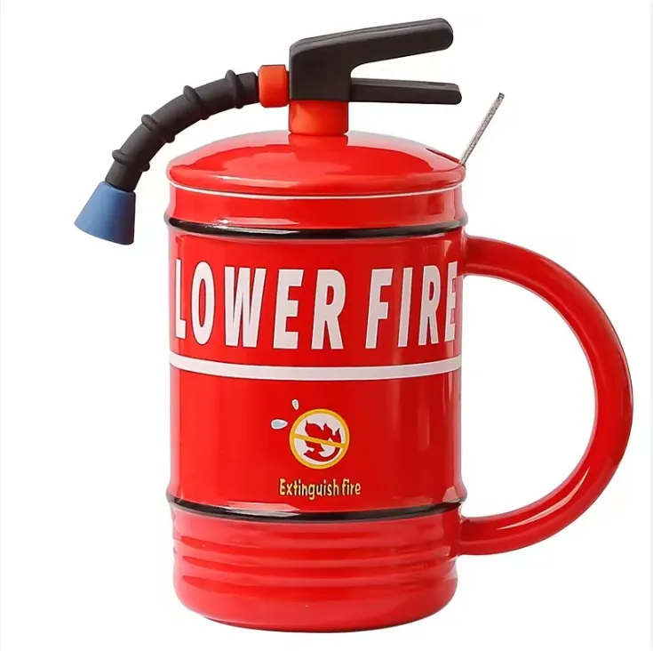 Creative Quirky Fire Extinguisher Styling Ceramic Coffee Mug with Lid Spoon Perfect Gift for Occasions Handgrip Shape