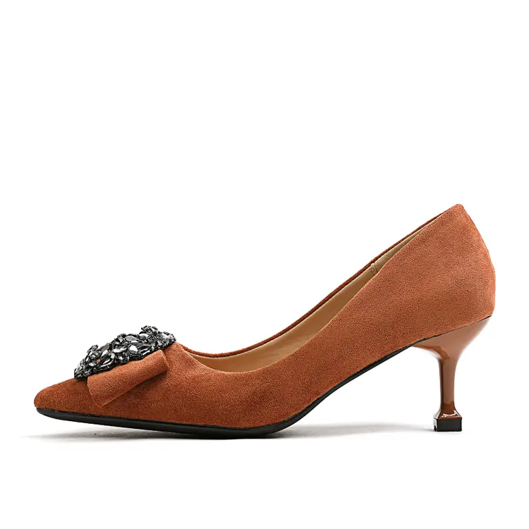 패션 지적 발가락 얇은 뒤꿈치 고품질 스웨이드 라운드 워터 드릴 신발 여성 힐