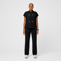 Blouse de travail noire pour femme à col mandarin, manches courtes, poches zippées, en tissu tissé, coupe droite, décontractée, pour l'automne, séchage rapide