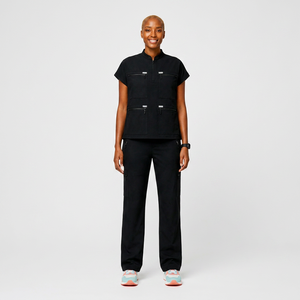 <b>Women's</b> <b>Black</b> Mandarin Collar Scrubs Short Sleeve Zip <b>Pockets</b> Woven Fabric Regular Fit Casual Autumn Wear Character Quick Dry - Product Image 1