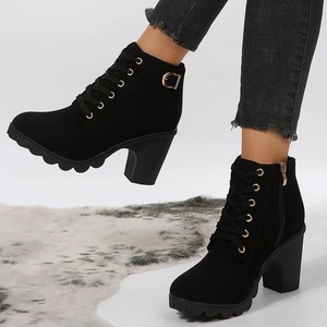 Women's Fashion Lace-Up Round Toe Frosted Thick Ankle <strong>Boots</strong> with Mesh Upper for Winter - Product Image 5