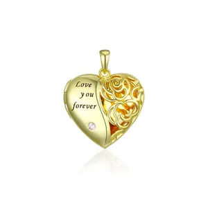 Grace Jewelry Custom Blank Engravable Vintage Design Oval Gold Plated Sterling Silver 925 Heart Photo Locket Necklace Pendant