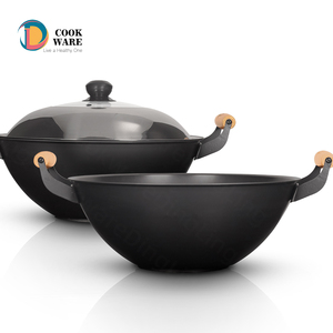 Juego de <span class=keywords><strong>Wok</strong></span> de Hierro Fino con Nitruración Profunda, Mango de Madera Ecológico, Exterior Pulido, Capacidad de 3-4L para Cocina - Product Image 1