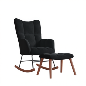 Poltrona a dondolo in velluto nero con poggiapiedi, stile Mid-Century Modern, per soggiorno, con imbottitura in schiuma, struttura in metallo e gambe in legno - Product Image 1