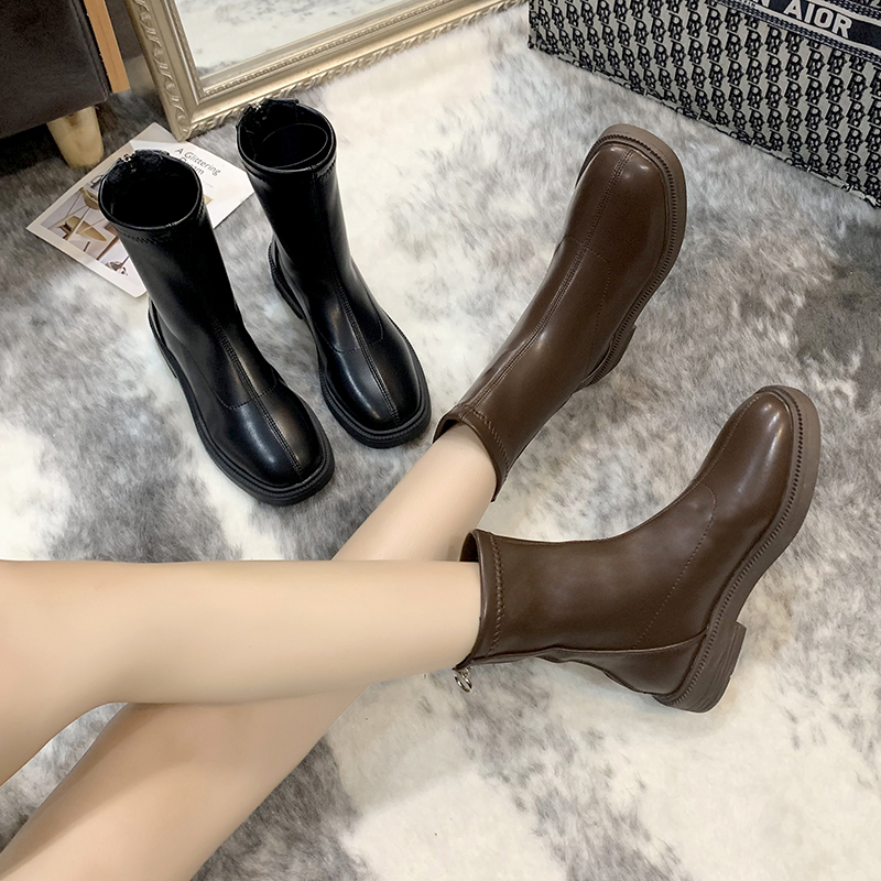 Low heels waring boots brown/black PU women midi high leather boots
