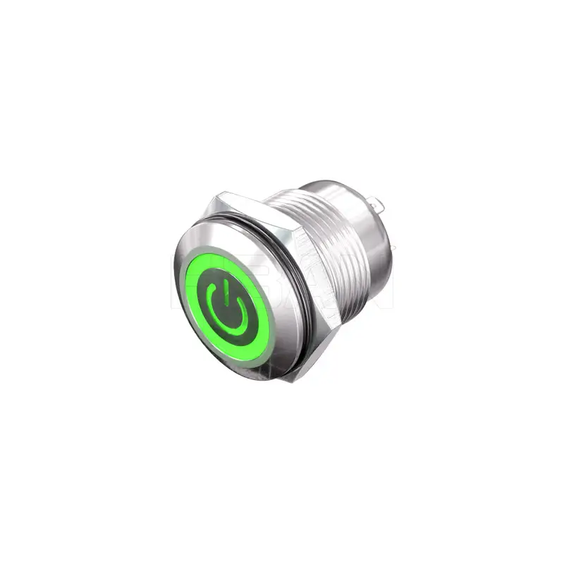 Spdt-anillo led verde de 16mm, 12v, con símbolo de potencia, ip67, panel de control iluminado, botones de inicio eléctricos