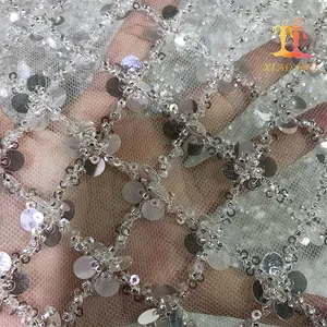 Wholesale cheap chemical polyester mesh pattern sequins & beaded embroidered tulle lace fabric XM-BF0187