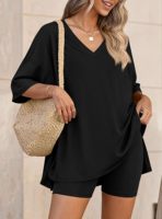 Ensemble de vêtements pour femmes en deux pièces pour l'été, chemise ample à col en V, ensemble de shorts décontractés, pyjama pour femmes