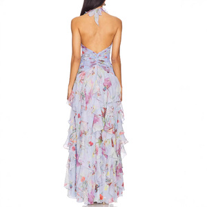 Vestido Largo de Noche con Estampado Floral, Cuello Halter, Cintura Imperio, Falda con Volantes Multicapa, Transpirable, para Mujer - Product Image 5