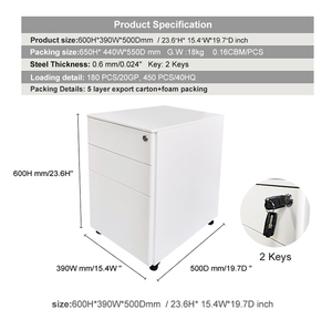 Prix de gros Armoires de stockage de fichiers en acier blanc à 3 tiroirs avec clés Armoire mobile à socle en métal pour classement avec roues - Product Image 3