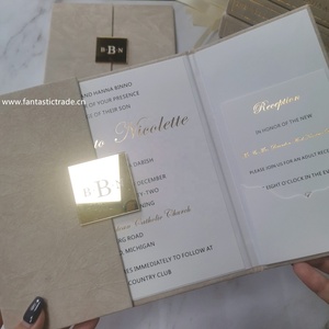 Tarjeta de Invitación de Boda Personalizada con Diseño de Terciopelo Desnudo y Lámina Dorada, Estilo Plegable, Hecha a Mano, Papel de 250 g/m² - Product Image 4