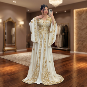 Elegant White Spandex Embroidered Breathable <b>Abaya</b> <b>Dress</b> V Neck Floor Length Floral Pattern Long Sleeve Women Middle East - Product Image 2