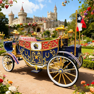 Carruaje eléctrico real azul, rojo y dorado con diseño ornamentado y fondo de castillo - Product Image 3