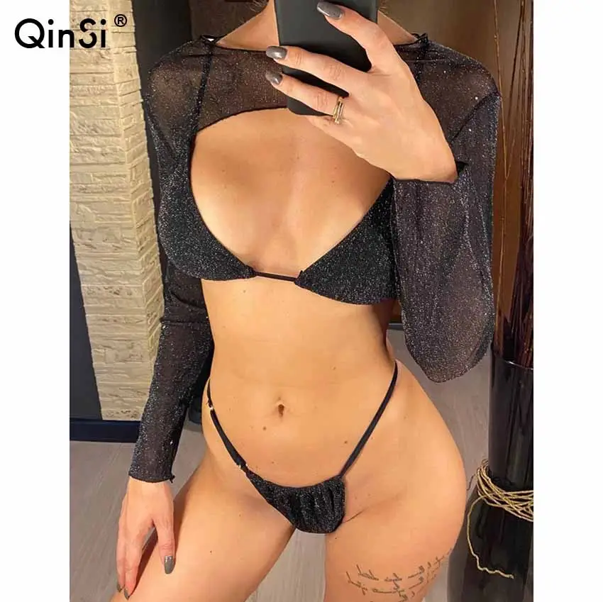 Bclout/QINSI Three-pieces Bikini set Bathing Suit Swim Female Swimsuit Women Swimwear 3 PCS Long Sleeves Cover Bling Bikini