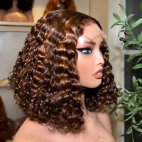 Perruque courte bob en cheveux humains ondulés avec dentelle, couleur marron avec mèches, réutilisable, en cheveux vierges pour femmes afro-américaines