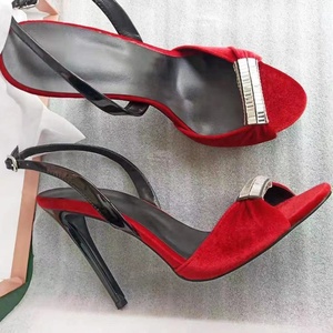 Sandales d'été à talons pour femmes, en daim rouge et noir, avec nœud, à bride cheville, bout pointu, légères - Product Image 5