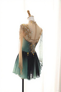 Gradient Green <strong>Ice</strong> <strong>Skating</strong> <strong>Dress</strong> for Women Golden Embroidery Mesh Rhinestone Decorated Elegant Performance Competition Outfit - Product Image 6