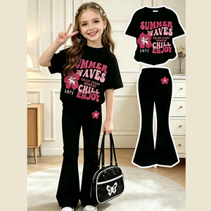 Conjunto informal de 2 piezas para niñas, camiseta de manga corta con estampado floral y letras <span class=keywords><strong>retro</strong></span>, conjunto de <span class=keywords><strong>ropa</strong></span> a juego de verano para niños pequeños - Product Image 1
