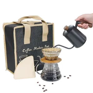 Saudi Arabic Glass Dripper 600ml Kettle with Wooden Handle Packed in Stylish Linen Handbag for Travel Coffee Brewing