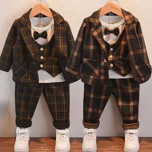 Ensemble Costumes Garçons Plaid 0-5 Ans Automne, T-shirt Manches Longues+<span class=keywords><strong>Manteau</strong></span>+Pantalon, Ensemble 3 Pièces Robe de Fête Mode pour Tout-Petits - Product Image 6