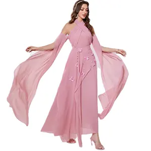 Tourism Celebrity Sexy Dress Flower Pearl Neck Hanging Off Shoulder Strap Long Dress Dubai Abaya Designs