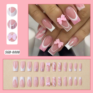 24 <span class=keywords><strong>Uñas</strong></span> Postizas Rosas con Lazo, Forma Ataúd, Mediano-Largo, Brillantes, Estilo Ballet, Cobertura Completa, Decoración Acrílica para Manicura - Product Image 1