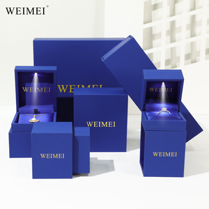 WEIMEI Custom Logo Luxury Blue Drawer Sliding Paper PU <b>Leather</b> Necklace Ring <b>Bracelet</b> Packaging LED Jewelry Box - Product Image 1