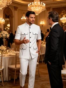 <span class=keywords><strong>Costume</strong></span> safari pour <span class=keywords><strong>homme</strong></span>, kaki, manches courtes, 2 pièces, col mandarin, bordure noire, poches cargo, blazer décontracté d'été pour <span class=keywords><strong>mariage</strong></span> - Product Image 4
