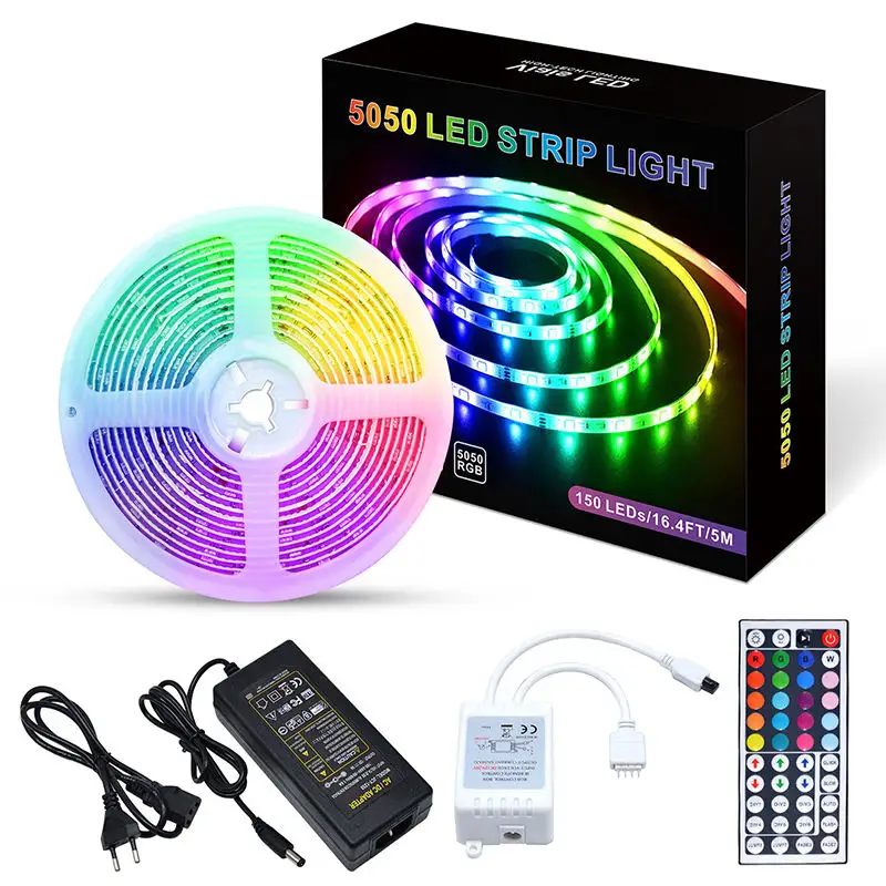 Bande lumineuse led intelligente multicolore, 5m, 12v, 5050 rvb, flexible, télécommande, wi-fi, rvb, pixels