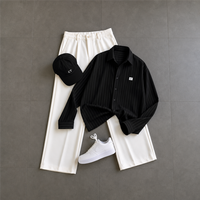 Set Kemeja Celana Pria Motif Garis Lengan Panjang Putih Celana Kaki Lebar Logo Formal Bahan Katun 100% Bernapas OEM ODM