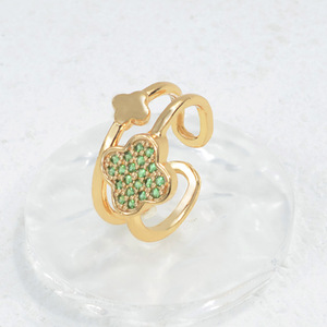 Anello Aperto Personalizzato a Quadrifoglio Nero e Verde con <span class=keywords><strong>Micro</strong></span> Pavé di Zirconi in Oro Champagne per Donne e Ragazze - Product Image 6