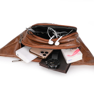 Huang Lei Men's PU Leather Waist Bag Multi Functional Waterproof Crossbody Chest Bag With Belt Shoulder Strap Solid Color - Product Image 3