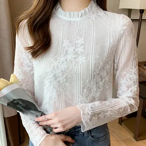 Женская кружевная блузка с длинным рукавом, белая блузка на весну, 2023