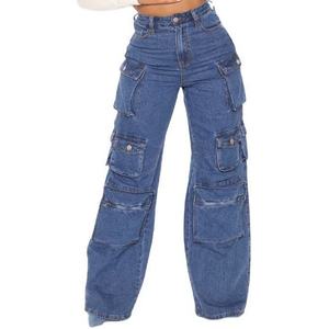 Pantalones vaqueros cargo anchos de mujer, de tiro alto, con múltiples bolsillos, lavado desgastado, estilo High Street - Product Image 1