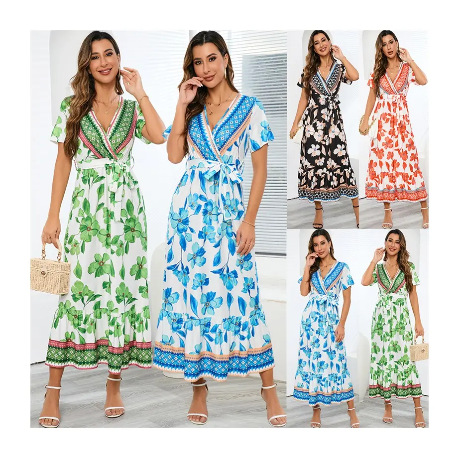 Hawaii Frauen lässig grün Chiffon Blumen gedruckt Party Maxi langes Kleid 2023 Sommer tropischen Stil Kleid für Frauen Blumen druck