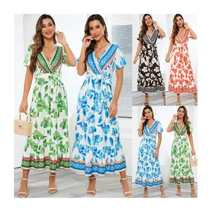 hawaiian women casual green chiffon floral printed party maxi long dress 2023 summer tropical style dress for women floral print