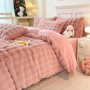 Usine en gros épaissi fourrure de lapin couleur Pure bulle Style lapin fourrure lait velours ensemble hiver <span class=keywords><strong>couvre</strong></span>-<span class=keywords><strong>lit</strong></span> ajusté ensemble de literie - Product Image 2