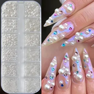 12 Rejillas de Perlas Blancas Mixtas para Uñas, Abalorios 3D Redondos/Semicirculares, Cuentas de Perlas, Diamantes de Imitación para Uñas, Accesorios de Manicura, Piezas DIY Y7%6K - Product Image 2