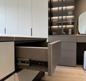 Modern Grey Built-in <b>Wardrobe</b> - Integrated Desk & LED Lights, Minimalist Bedroom Storage for Home Office - Product Image 5