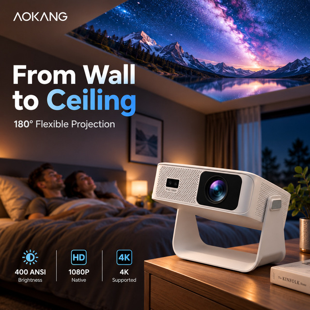 Aokang Q1 Ceiling Projector for Bedroom Native 1080P Android 14 Mini Projector 400 ANSI 180 Degree Factory Wholesale