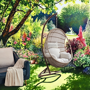 Chaise suspendue de jardin en rotin moderne avec coussin imperméable, support de hamac, siège, balançoire de loisirs pour balcon extérieur - Product Image 2