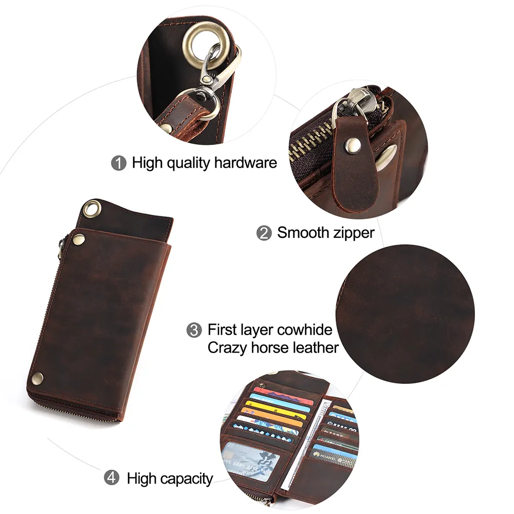 2023 Designer Cow Leather Card Holder Wristlet Key Wallets Rfid Slim Zipper Long Genuine Leather Wallets Man