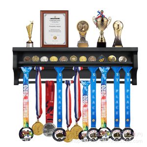 Wooden Medal Display Rack <b>Wall</b> <b>Mounted</b> Double Layer Trophy Certificate Holder Brown Black Rectangle 3 Floors - Product Image 5