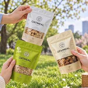 Eco Friendly Kraft Paper Oatmeal Packaging <b>Bags</b> with Clear Window, Custom Logo Resealable Stand Up Pouches for Nuts and Granola - Product Image 3