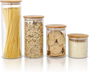Custom Kitchen Food Storage Organizer Borosilicate Glass Round Spice Storage <b>Container</b> Jar with <b>Bamboo</b> Lid - Product Image 1