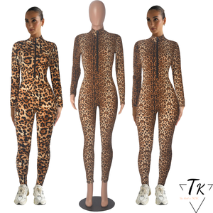 2025 pense femmes coupe ajustée imprimé léopard barboteuses taille haute moulante combinaisons Sexy décontracté combishorts pour le printemps automne - Product Image 1