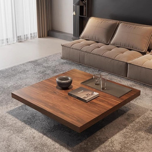 Tavolino da Caffè Minimalista Quadrato in Legno Massello di Alta Qualità, Design Moderno e Semplice con Venature Noce e <span class=keywords><strong>Piedi</strong></span> in Acciaio Inossidabile - Product Image 1
